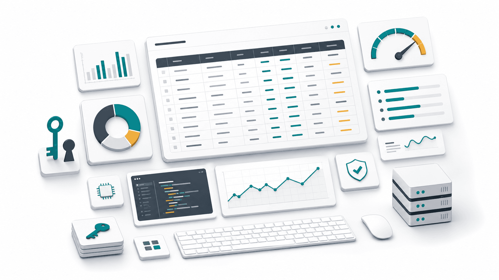 Illustration of an API billing workbench with cost tables, charts, rate limits, and API key symbols